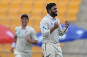 New Zealand spinner Ajaz Patel celebrates after taking the wicket of Pakistani captain Sarfraz Ahmed during the second day of the first Test cricket match between Pakistan and New Zealand at the Sheikh Zayed International Cricket Stadium in Abu Dhabi on November 17, 2018. (Photo by AAMIR QURESHI / AFP) (Photo credit should read AAMIR QURESHI/AFP/Getty Images)